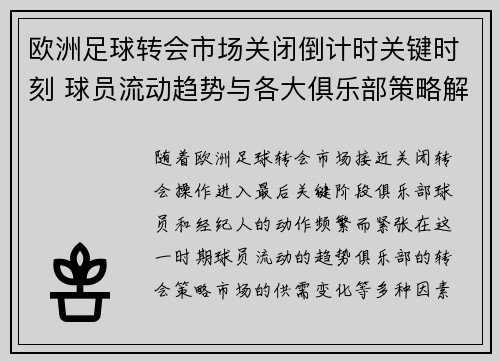 欧洲足球转会市场关闭倒计时关键时刻 球员流动趋势与各大俱乐部策略解析