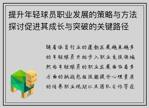 提升年轻球员职业发展的策略与方法探讨促进其成长与突破的关键路径